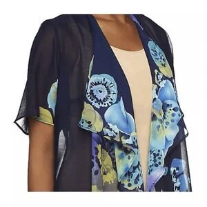 Susan‎ Graver Sheer Chiffon Indie Artsy Cardigan Large Floral Blue Top Coastal